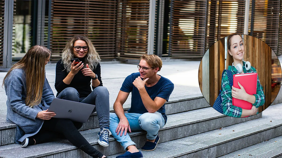 Three students are sitting on the university stairs and there is a picture of a female student holding a red file.