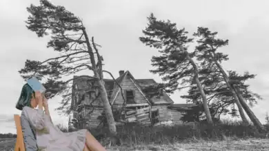 A picture of a house exposed to a severe storm, trees, and a girl sitting with a book on her head