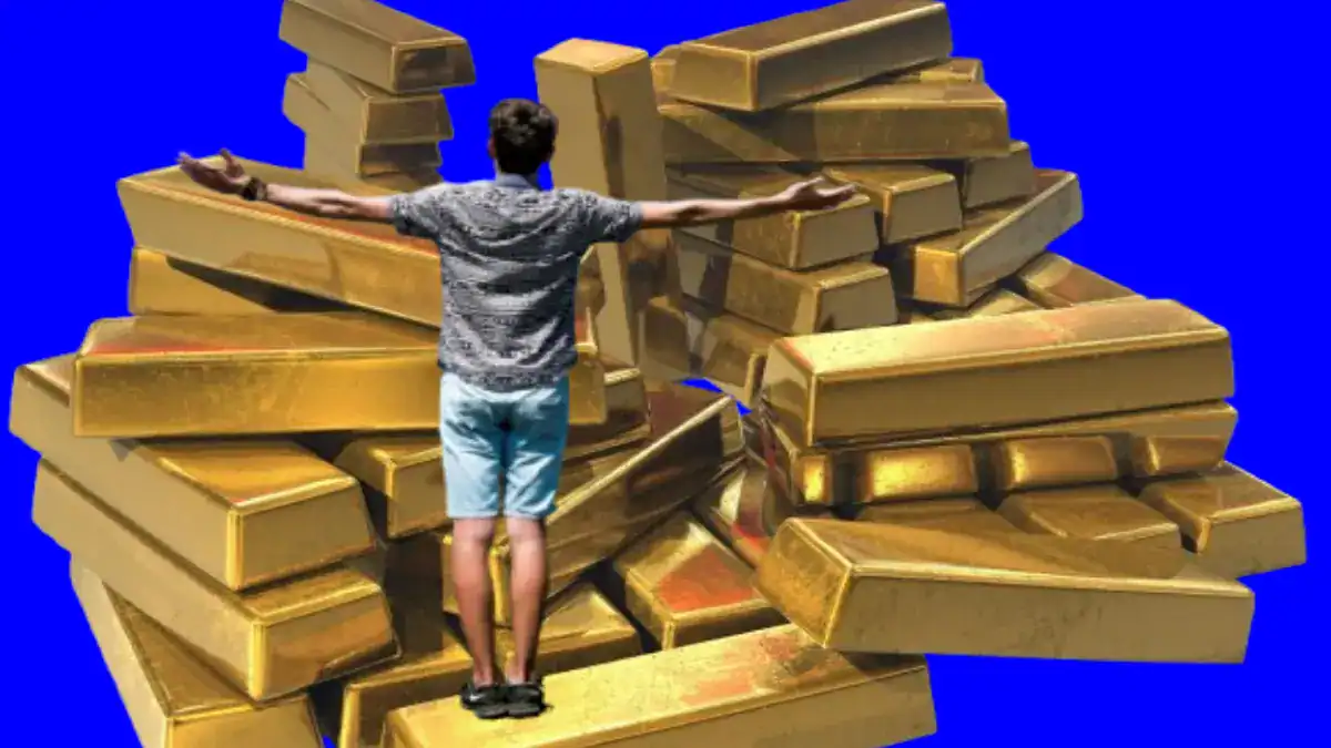 Gold bars and a man standing with his arms open to the gold