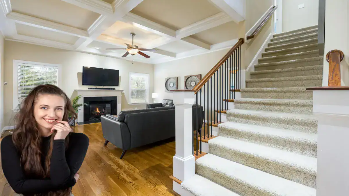 White drawer, LCD screen, sofa and a laughing woman