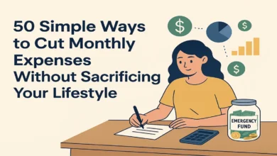 Icons of piggy bank, shopping cart, and budget planner showing ways to save money without sacrificing lifestyle.