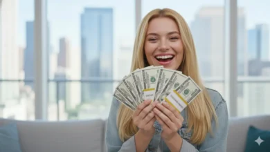 A woman holding $1000 Illustration showing a beginner investing $1,000 in technology stocks, including ETFs and blue-chip companies.