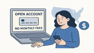 Illustration of a person opening a digital bank account online with no monthly fees in the USA.