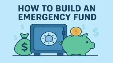 Illustration of a person organizing finances at a desk with a savings jar labeled Emergency Fund, surrounded by money icons and charts, representing building an emergency fund.