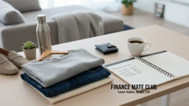 Finance Mate Club illustration showing smart money-saving habits through everyday lifestyle choices such as mindful shopping, clothing care, and budgeting awareness